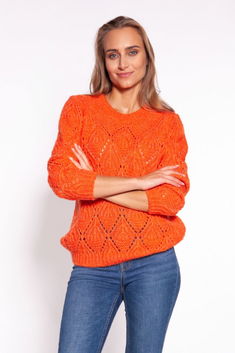 CM6792 Ażurowy sweter ze ściągaczami - pomarańczowy