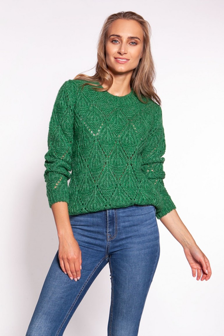 CM6792 Ażurowy sweter ze ściągaczami - zielony