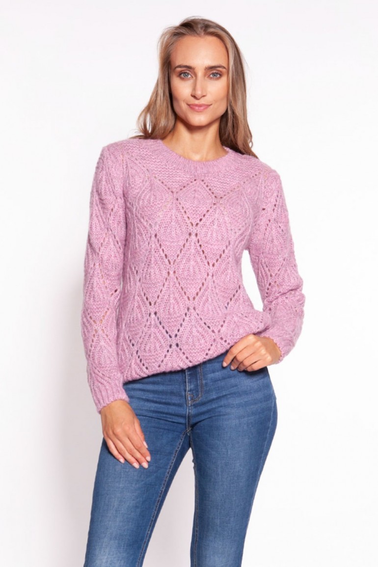 CM6792 Ażurowy sweter ze ściągaczami - różowy