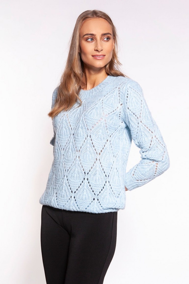CM6792 Ażurowy sweter ze ściągaczami - błękitny
