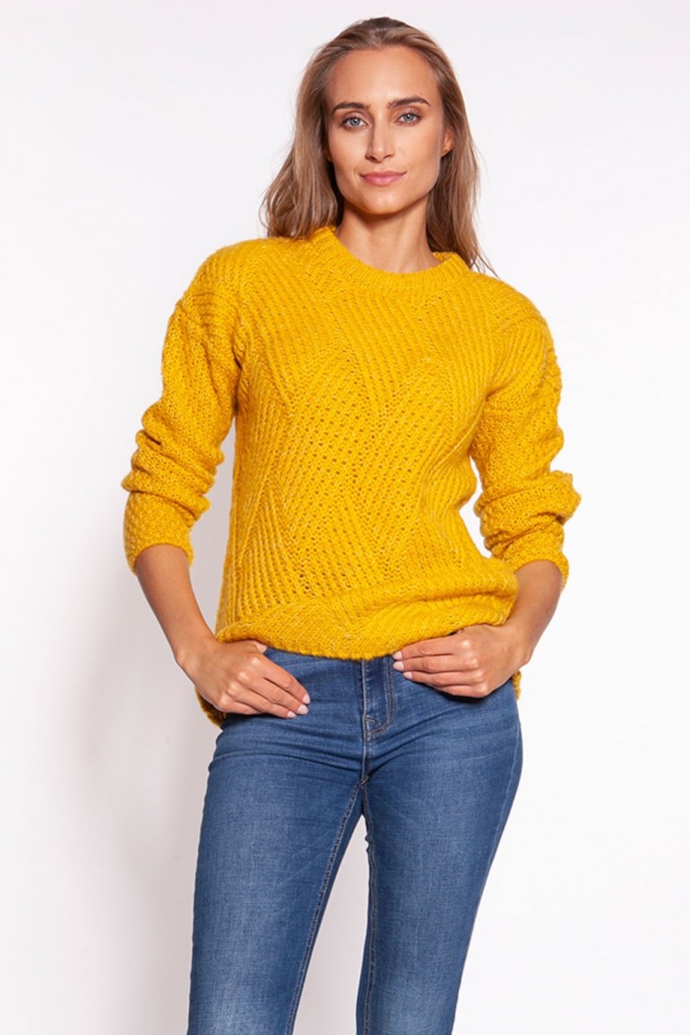 CM6798 Ciepły sweter z ażurowym wzorem - żółty