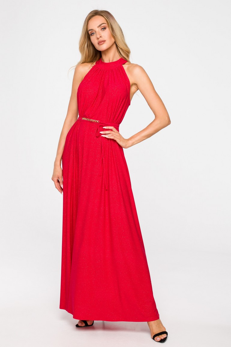 CM6952 Sukienka maxi z dekoltem typu halter - czerwona