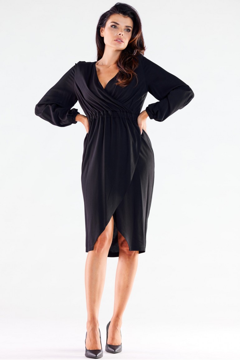 CM6976 Kopertowa sukienka z długim rękawem - czarna