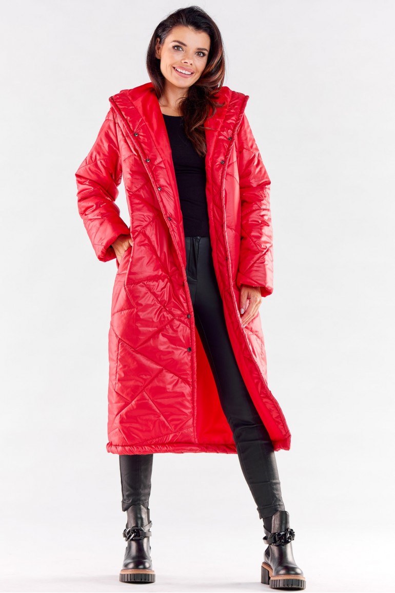 CM6995 Długi pikowany płaszcz z kapturem - czerwony