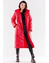 Długi pikowany płaszcz z kapturem - czerwony