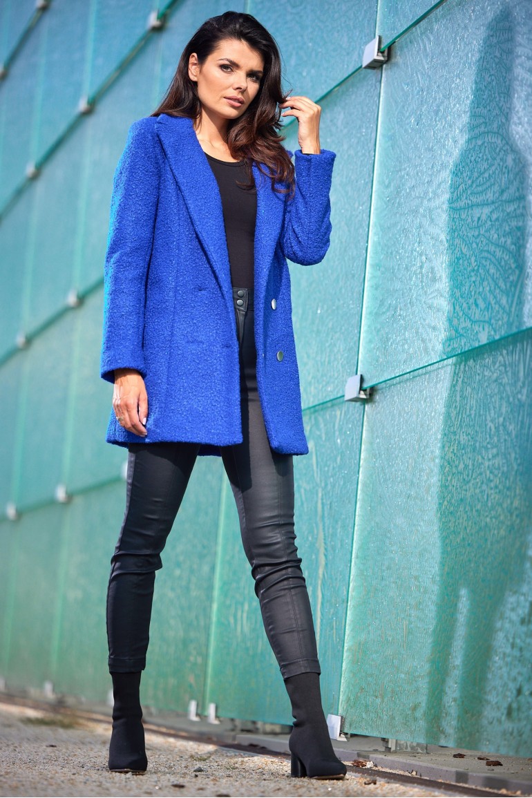 CM6999 Elegancki dwurzędowy płaszcz - niebieski