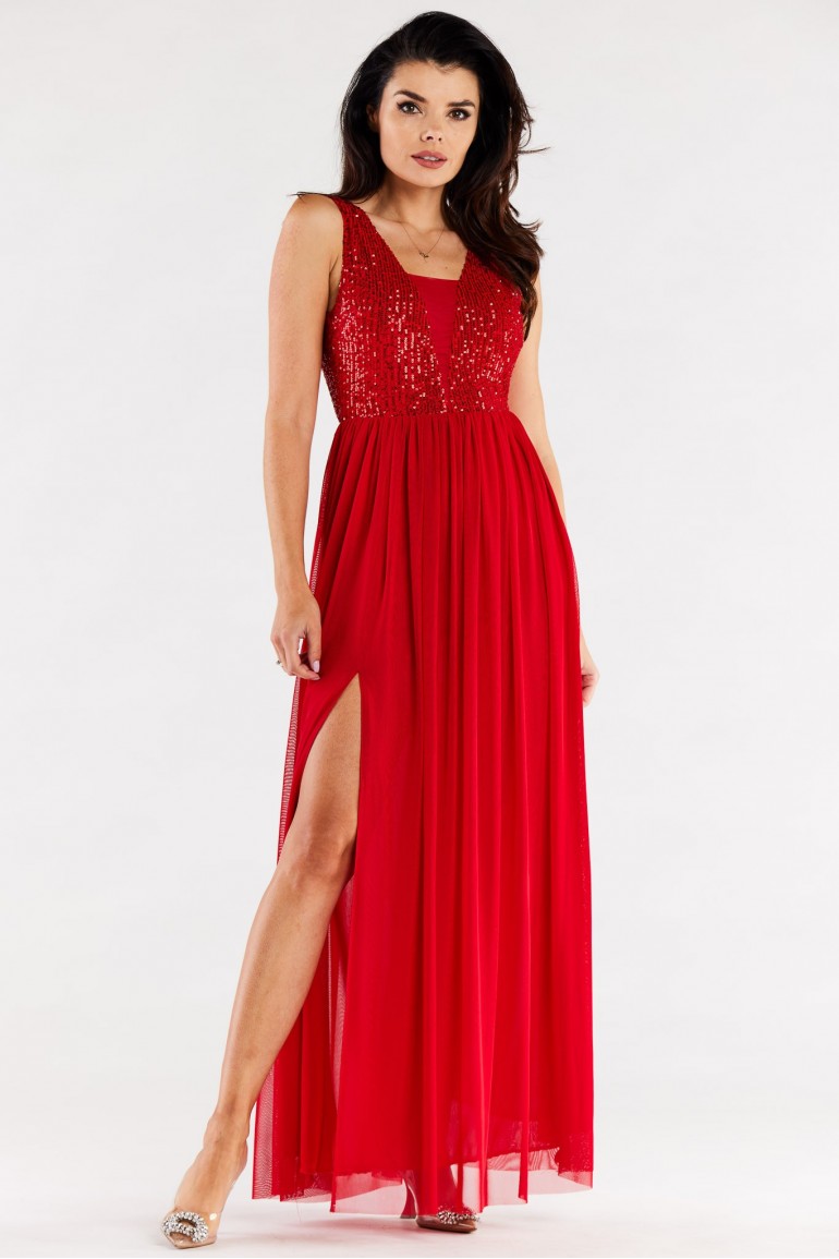 CM7034 Elegancka sukienka maxi z rozcięciem - czerwona