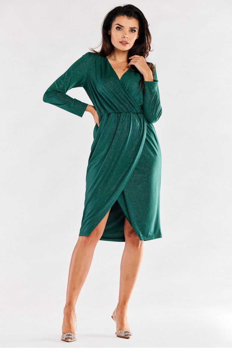 CM7037 Kopertowa sukienka z długim rękawem - butelkowa zieleń