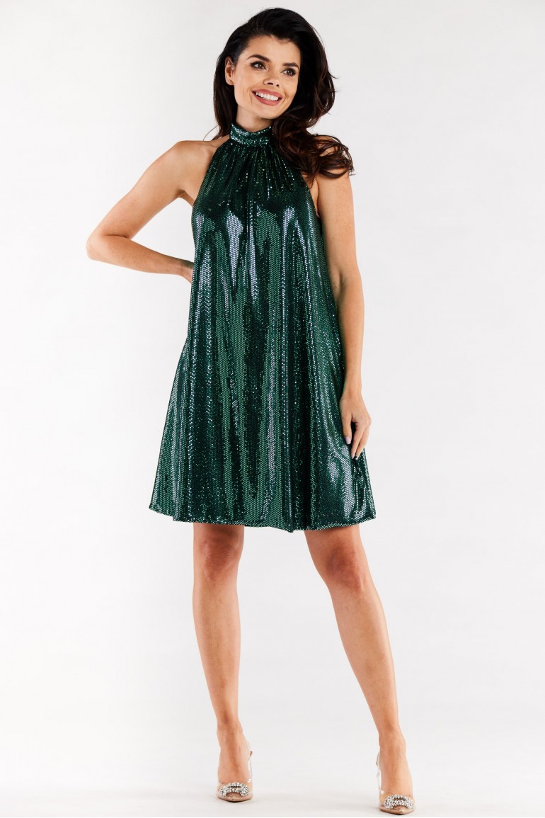 CM7052 Luźna sukienka ze stójką - butelkowa zieleń