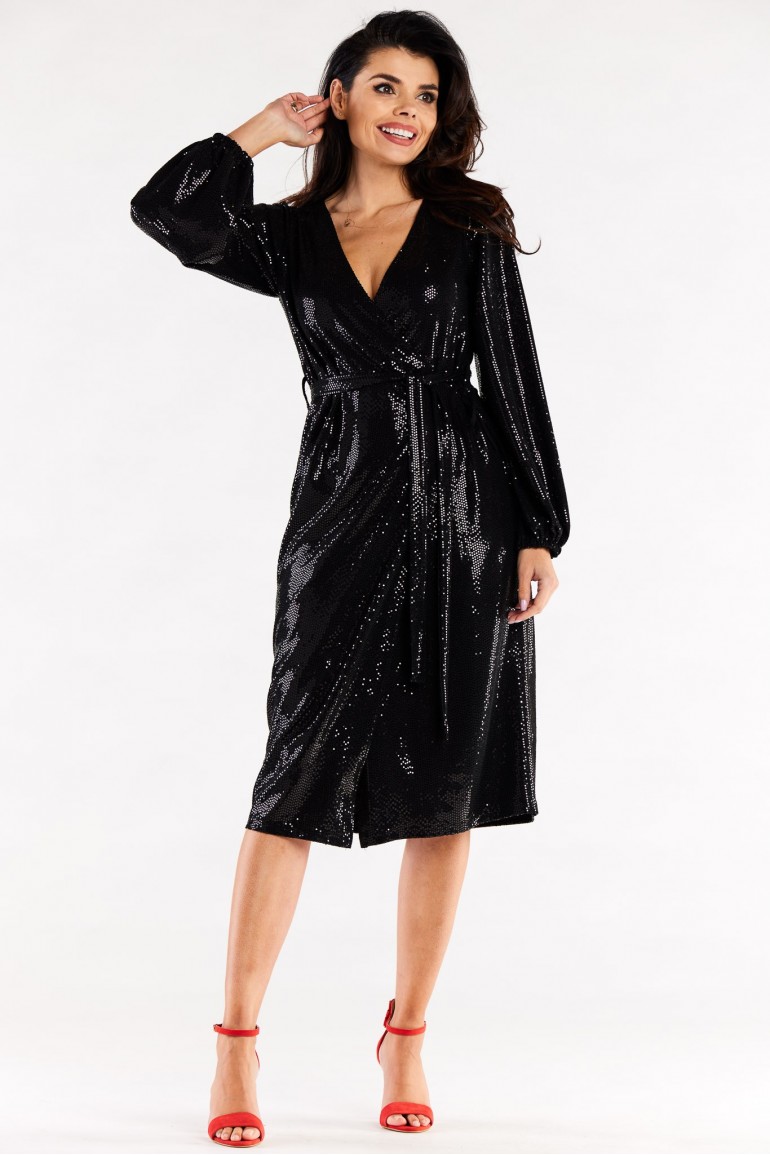 CM7053 Elegancka sukienka z wiązaniem w pasie - czarna