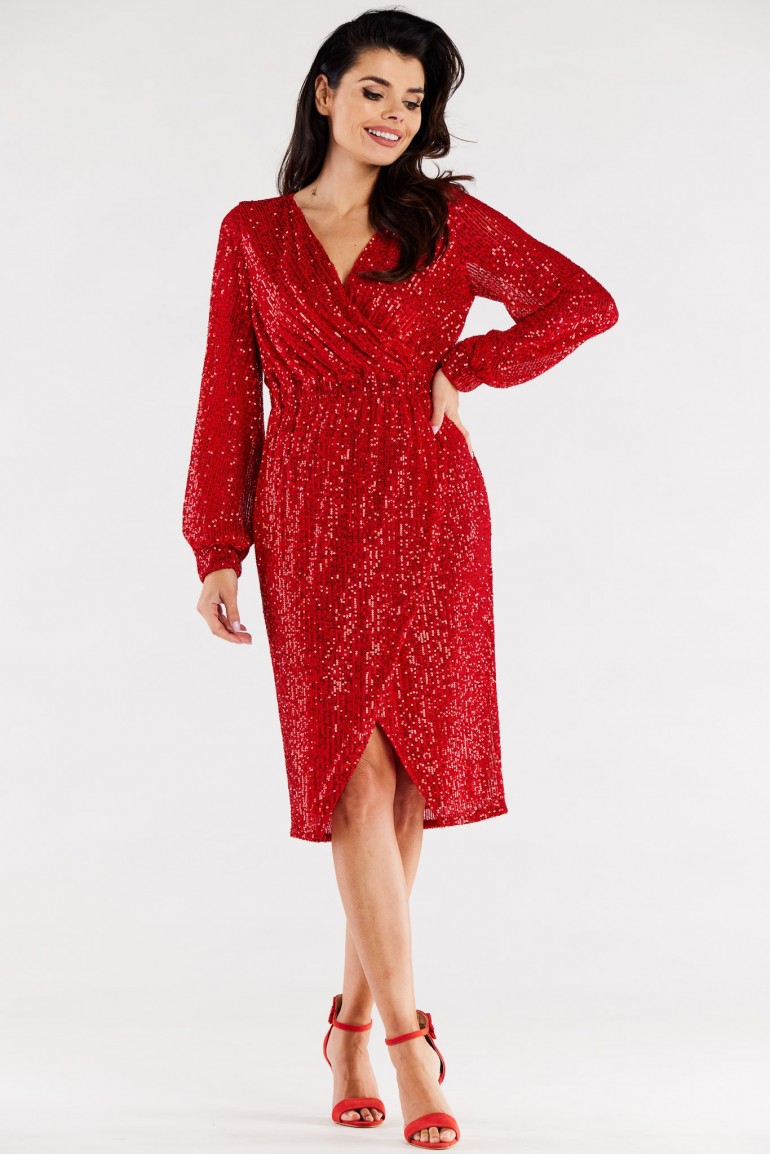 CM7054 Cekinowa sukienka kopertowa - czerwona