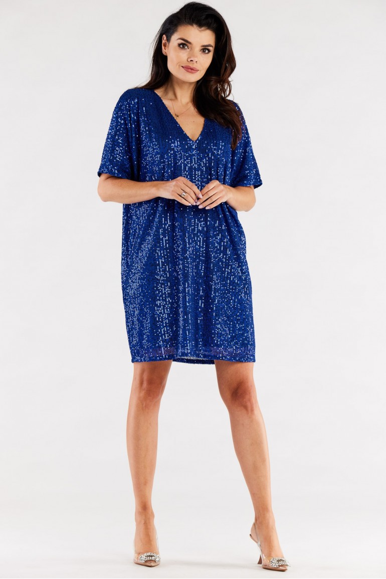 CM7055 Luźna sukienka z cekinami - niebieska