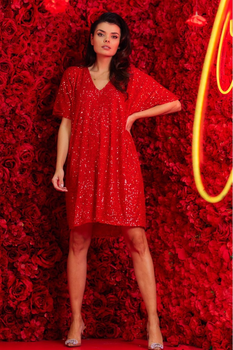CM7055 Luźna sukienka z cekinami - czerwona
