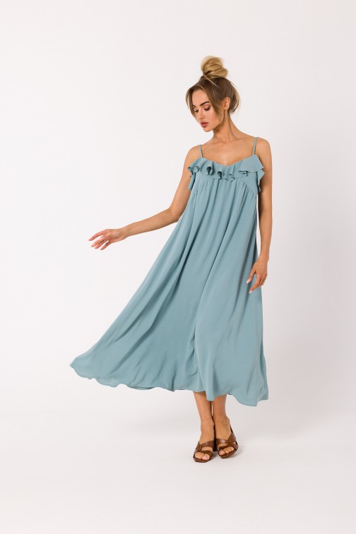 CM7216 Trapezowa sukienka na cienkich ramiączkach - agawa