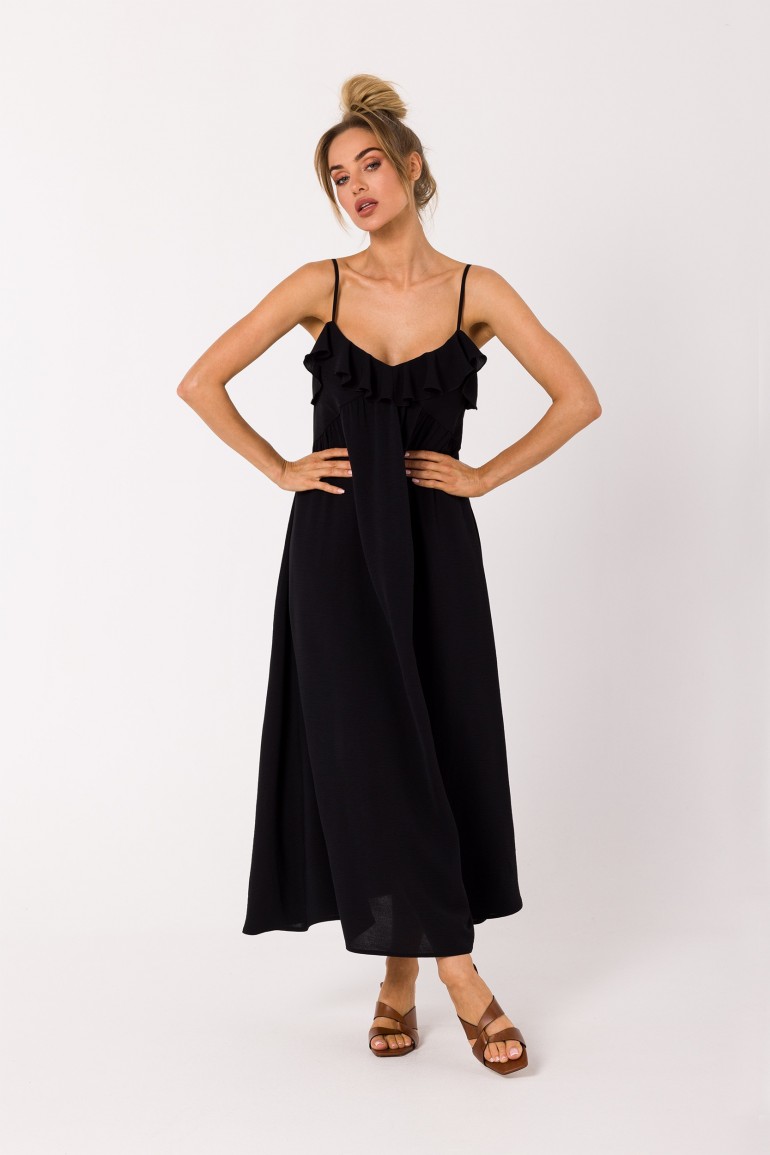 CM7216 Trapezowa sukienka na cienkich ramiączkach - czarna