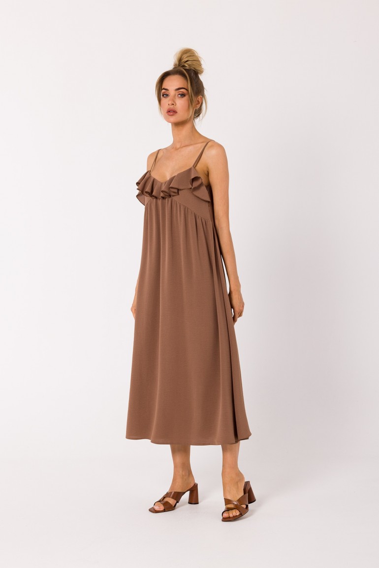 CM7216 Trapezowa sukienka na cienkich ramiączkach - czekoladowa