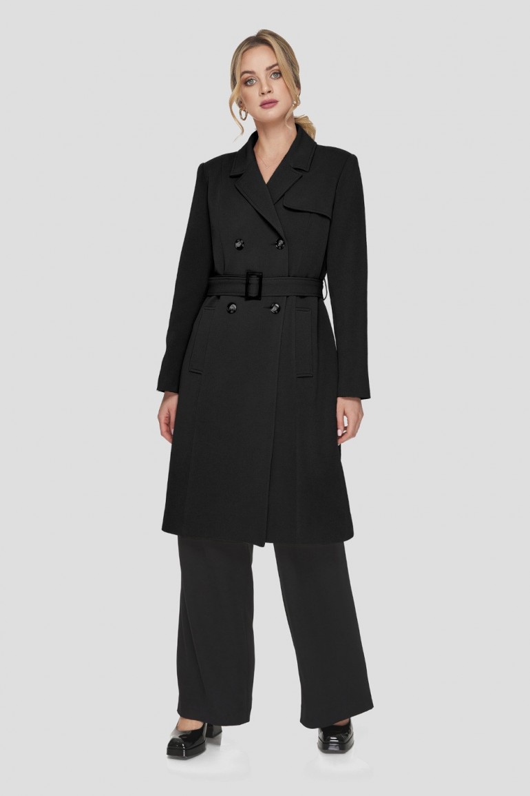 CM7074 Dwurzędowy płaszcz damski z paskiem - czarny