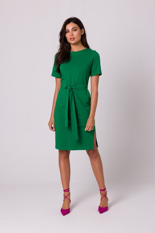 CM7250 Bawełniana sukienka z paskiem - soczysto-zielona