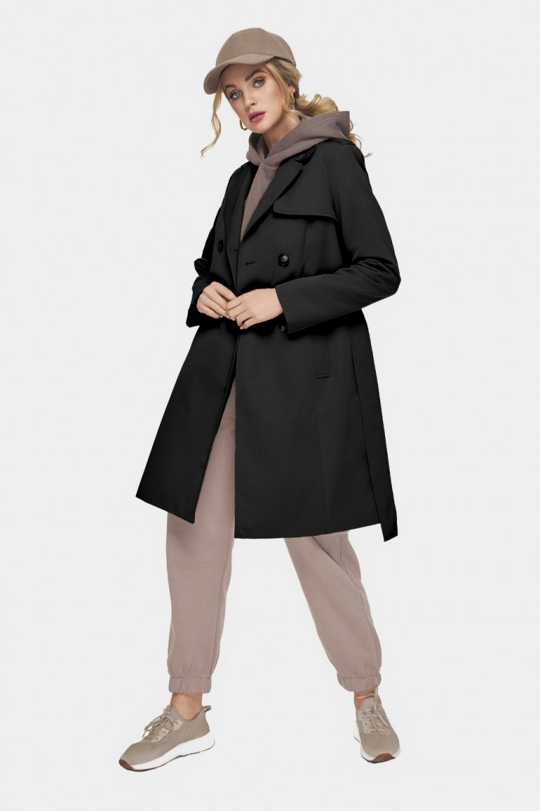 CM7076 Elegancki płaszcz trencz z wiązaniem - czarny