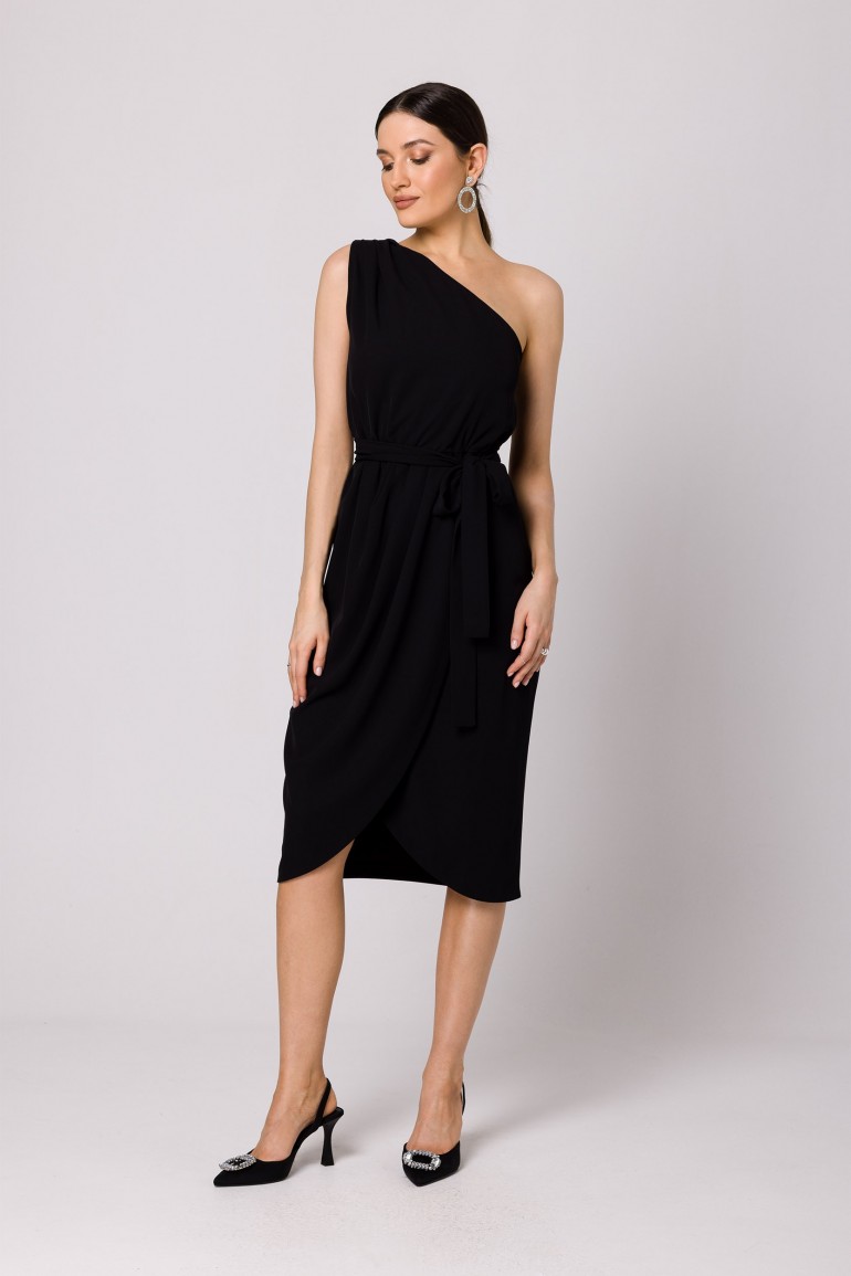 CM7254 Elegancka sukienka na jedno ramię - czarna