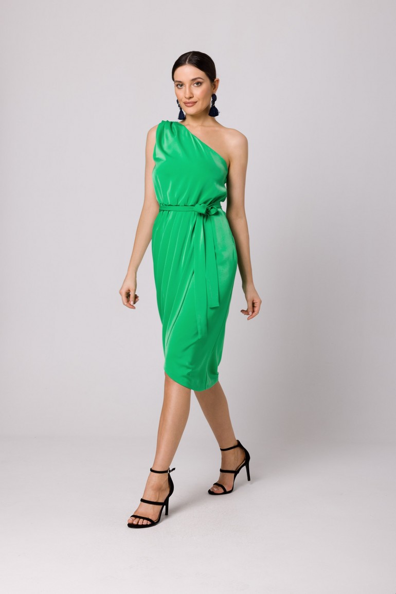 CM7254 Elegancka sukienka na jedno ramię - soczysto-zielona