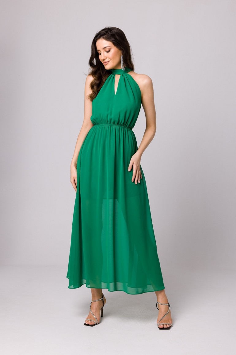 CM7263 Sukienka szyfonowa z wiązaniem wokół szyi - soczysto-zielona