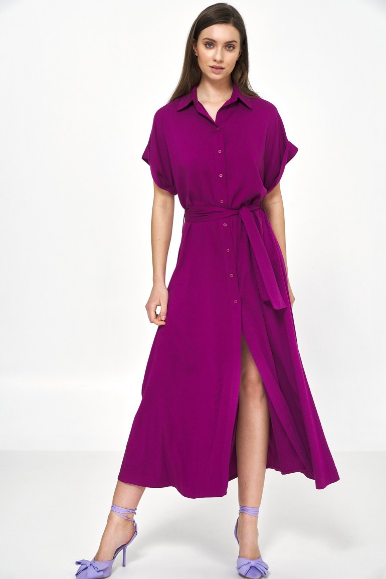 CM7095 Sukienka z wiązaniem i kołnierzykiem - purpurowa