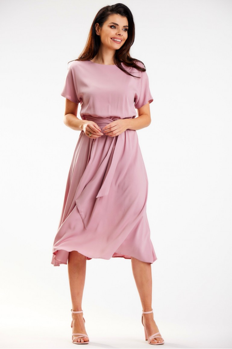 CM7102 Zwiewna sukienka midi z wiązaniem - brudno-różowa