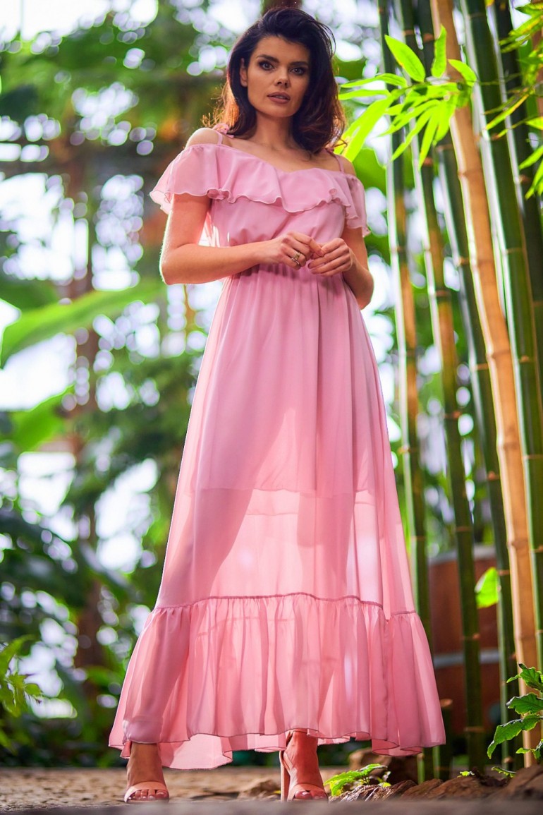 CM7119 Szyfonowa sukienka maxi z falbaną - brudno-różowa