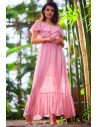 Szyfonowa sukienka maxi z falbaną - brudno-różowa