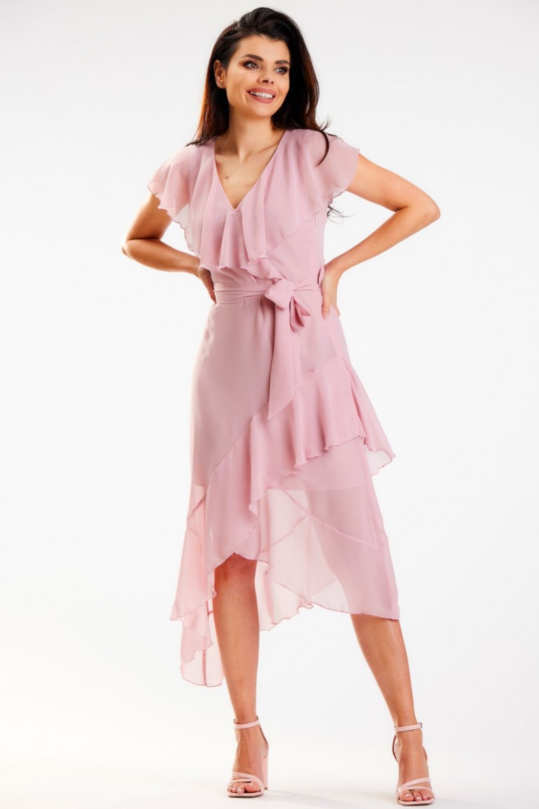 CM7120 Sukienka szyfonowa z wiązaniem - brudno-różowa