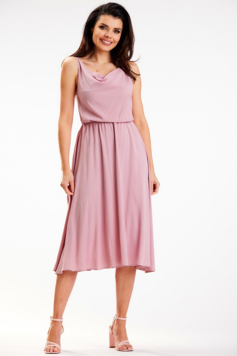 CM7123 Rozkloszowana sukienka midi na ramiączkach - brudno-różowa
