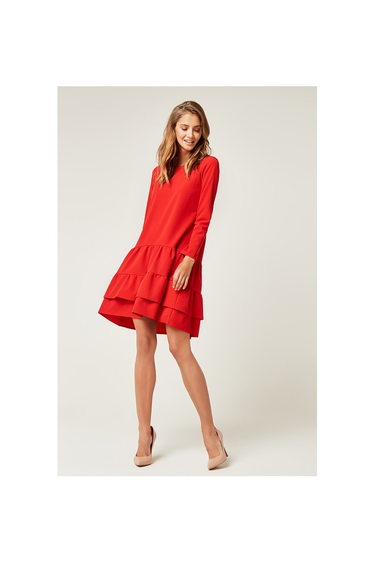 CM4240 Rozkloszowana sukienka z podwójną falbanką - czerwona