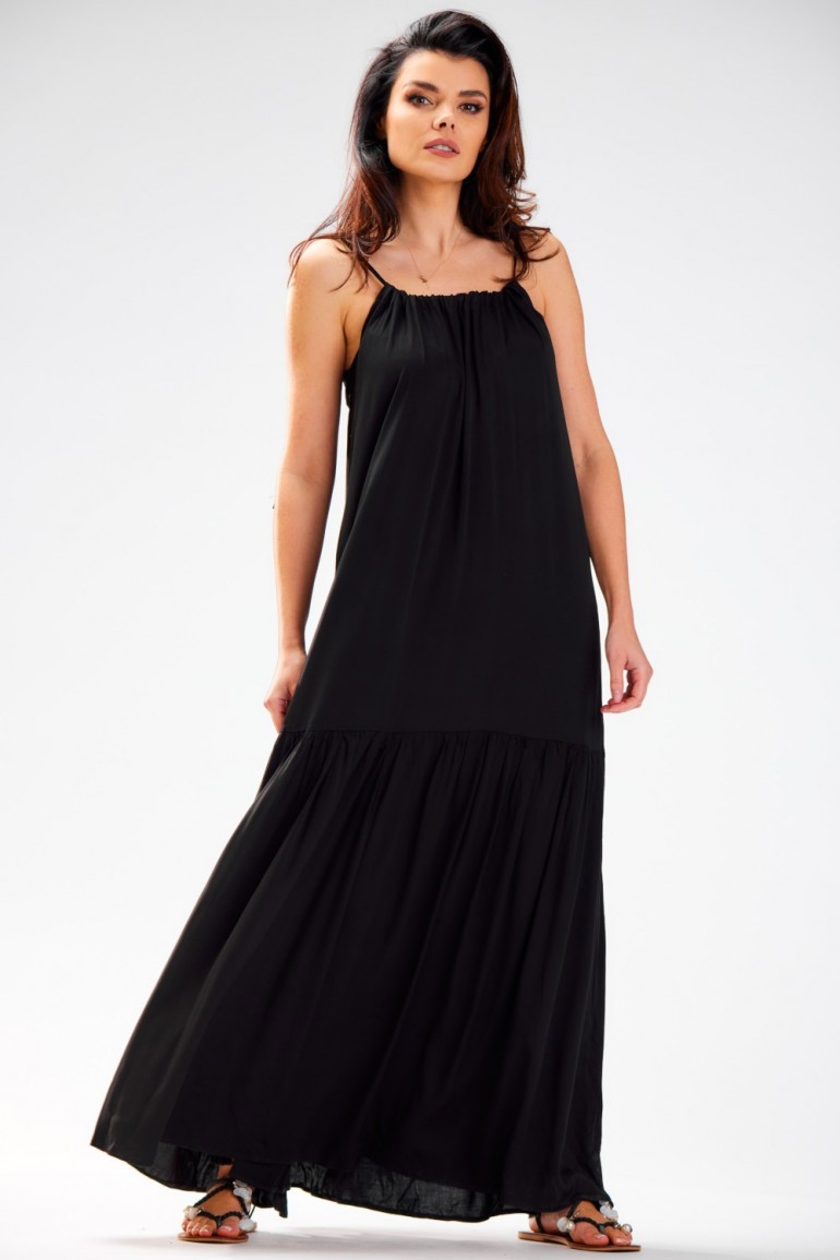 CM7134 Zwiewna sukienka maxi na ramiączkach - czarna