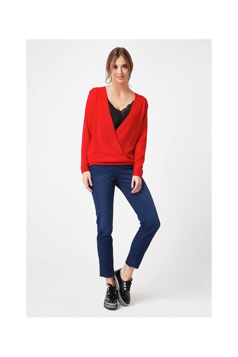 CM4251 Kopertowy sweter z szyfonowym dekoltem - czerwony