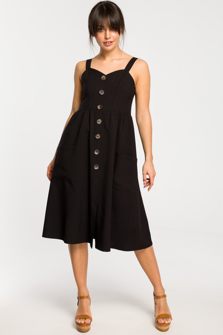CM4265 Sukienka na szelkach z guzikami - czarna