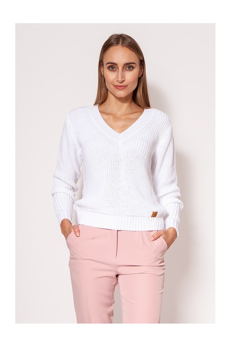 CM6790 Sweter z głębokim dekoltem V - biały