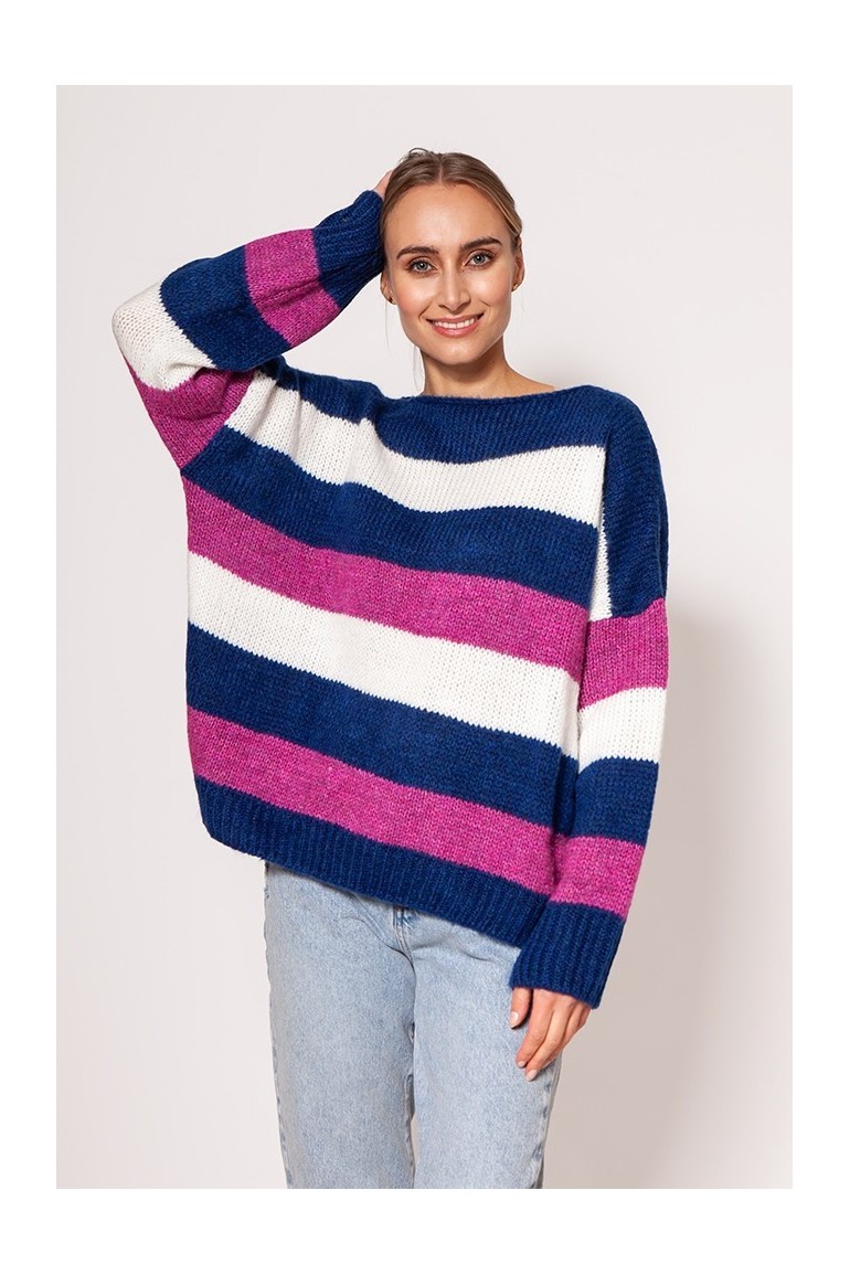 CM7307 Sweter oversize w paski - kobaltowo-różowy