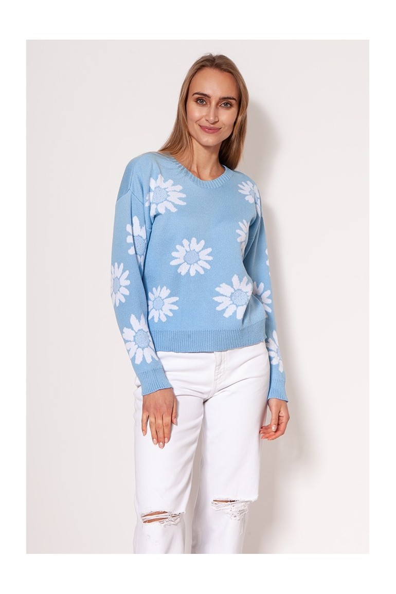 CM7309 Sweter w kwiatki o prostym kroju - błękitny