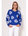 Sweter w kwiatki o prostym kroju - kobaltowy