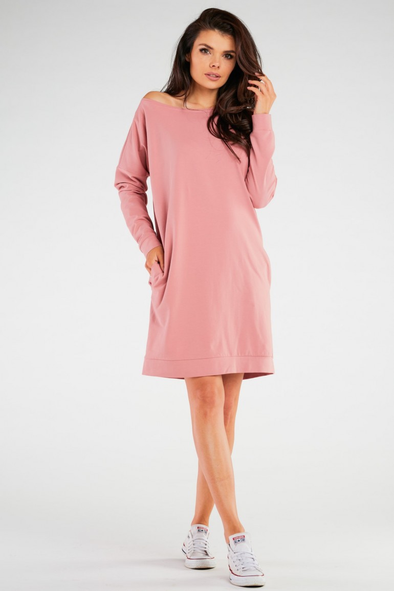 CM7322 Bawełniana sukienka maxi z długimi rękawami - różowa