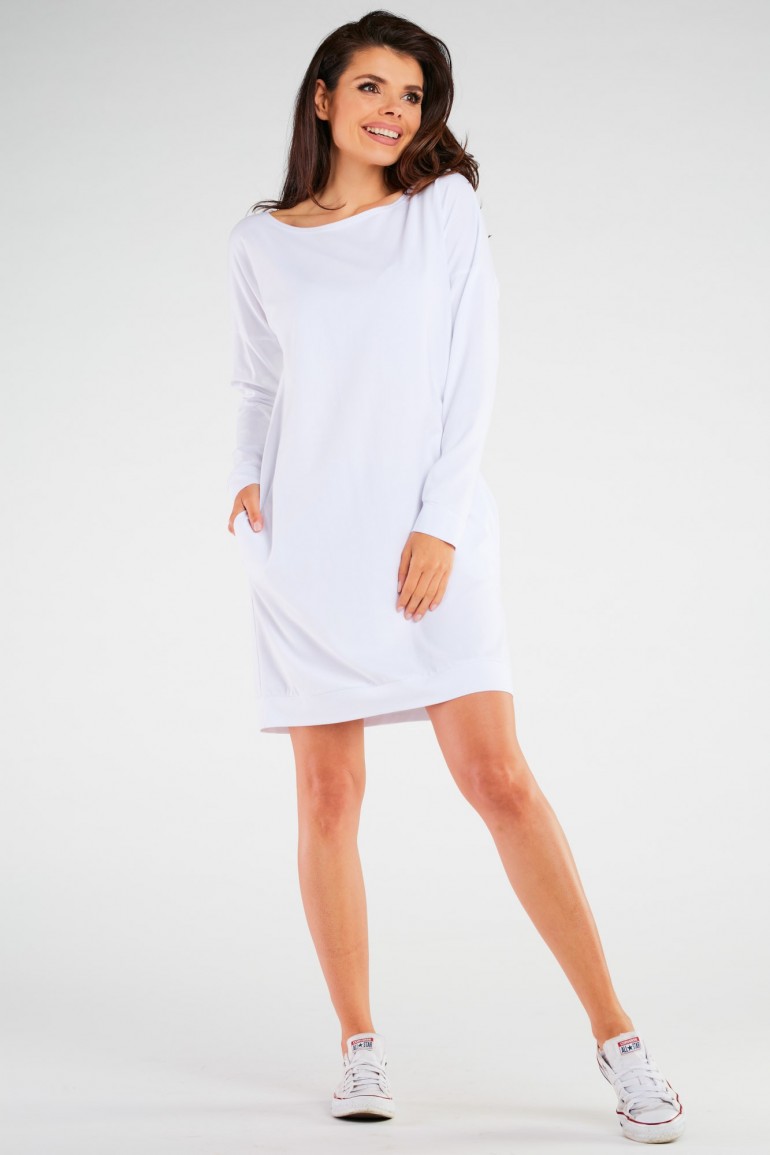 CM7322 Bawełniana sukienka maxi z długimi rękawami - biała