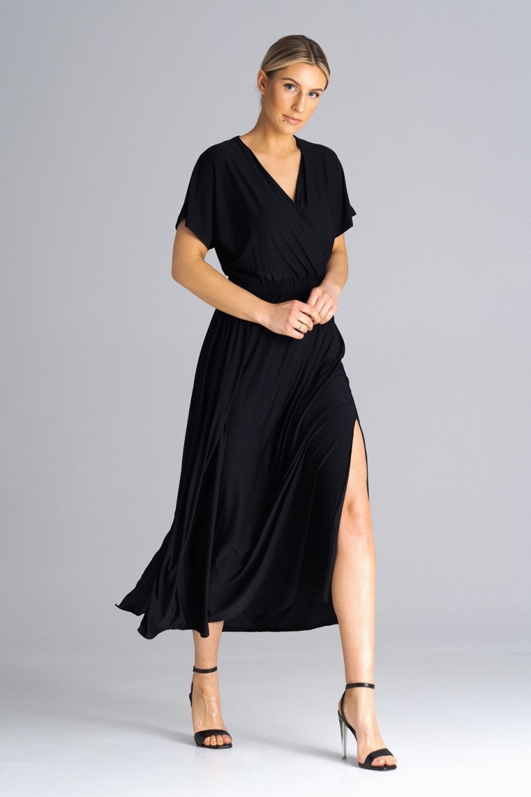 CM7285 Rozkloszowana sukienka z gumką w pasie - czarna