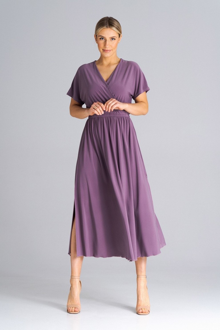 CM7285 Rozkloszowana sukienka z gumką w pasie - fioletowa