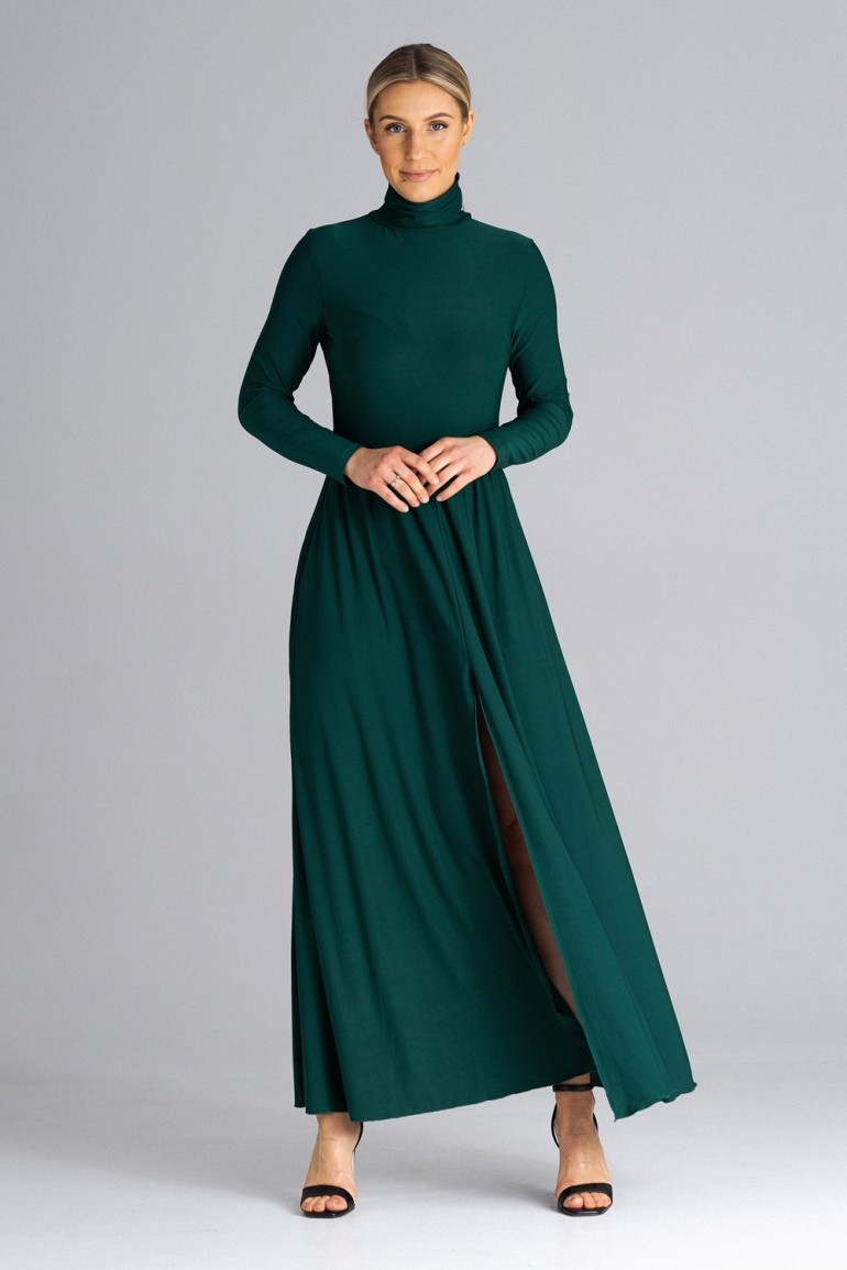 CM7286 Sukienka maxi z długim rękawem i golfem - zielona
