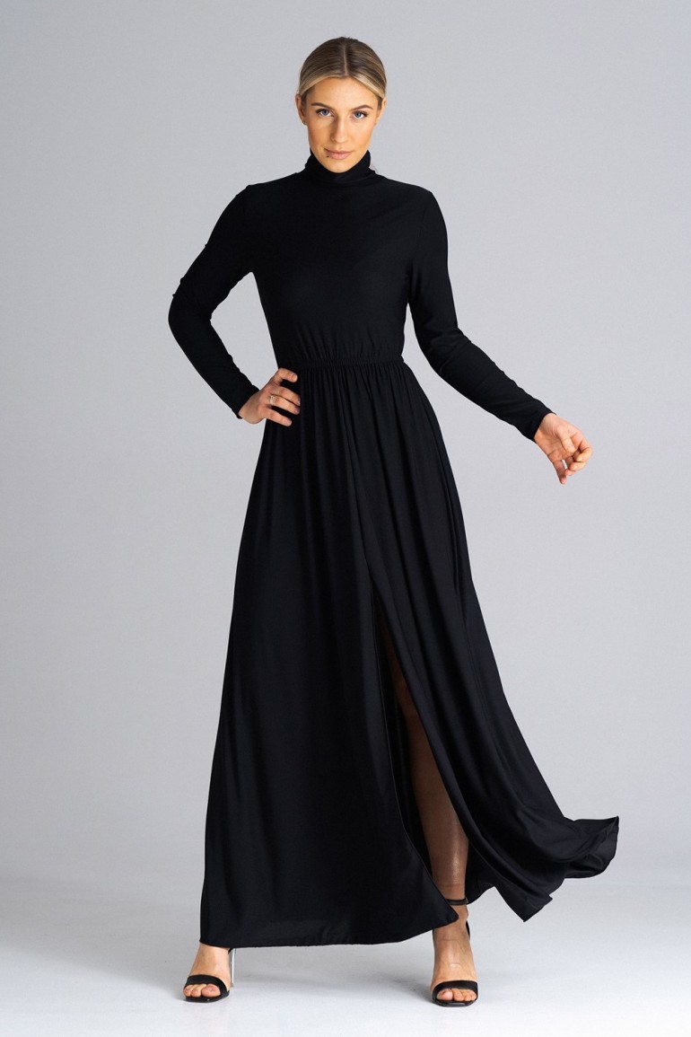 CM7286 Sukienka maxi z długim rękawem i golfem - czarna