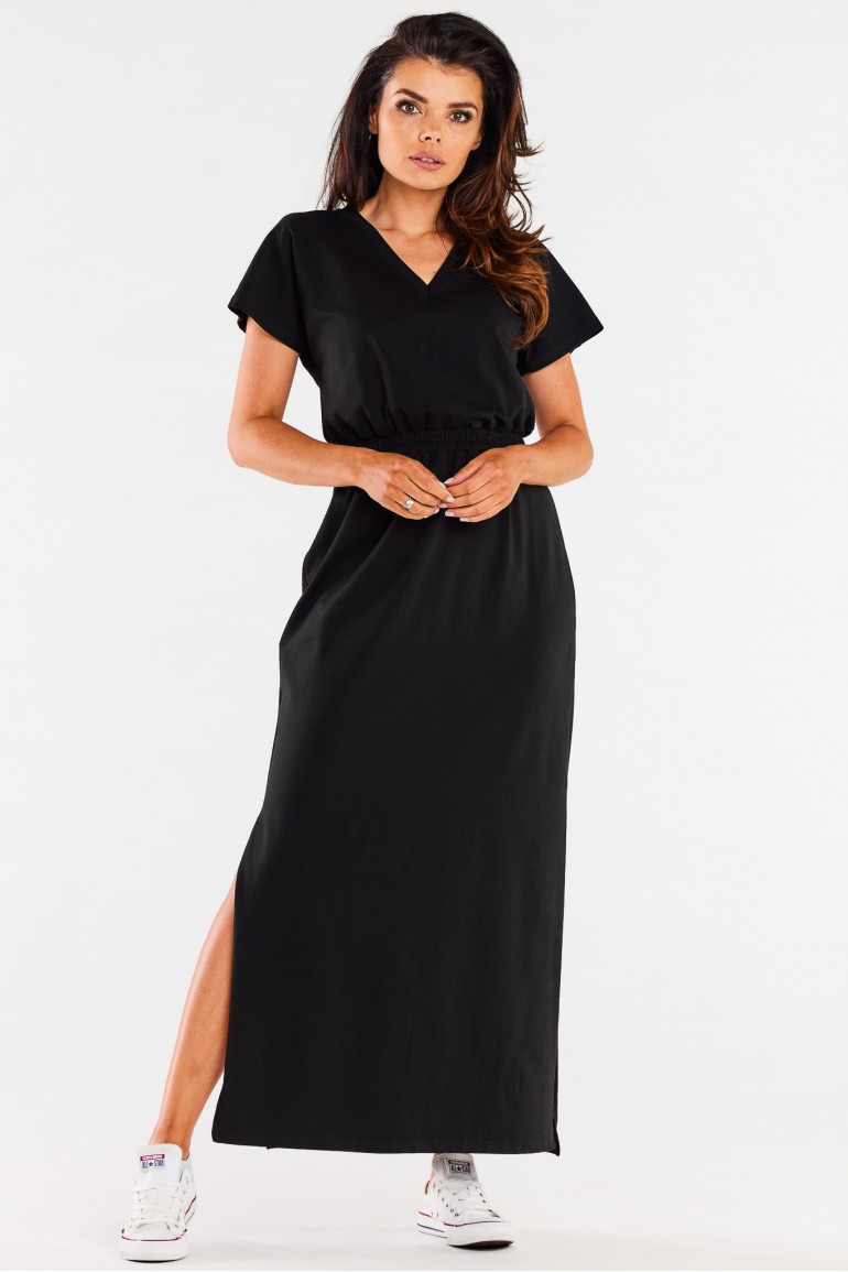 CM7326 Bawełniana sukienka maxi z krótkim rękawem - czarna