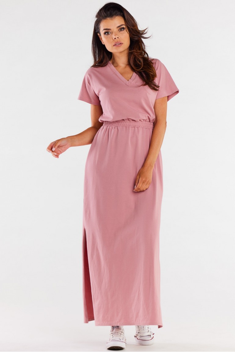 CM7326 Bawełniana sukienka maxi z krótkim rękawem - różowa