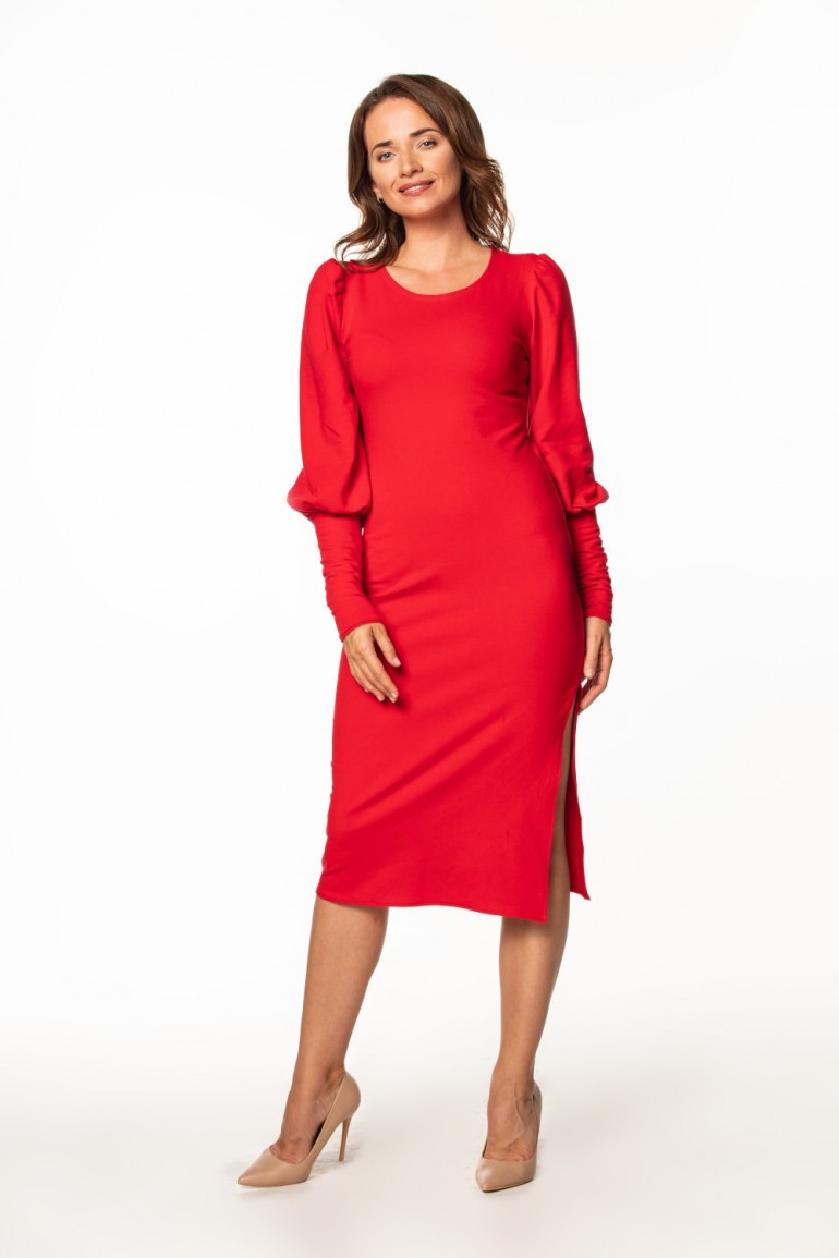 CM7408 Dzianinowa sukienka z bufiastymi rękawami - czerwona