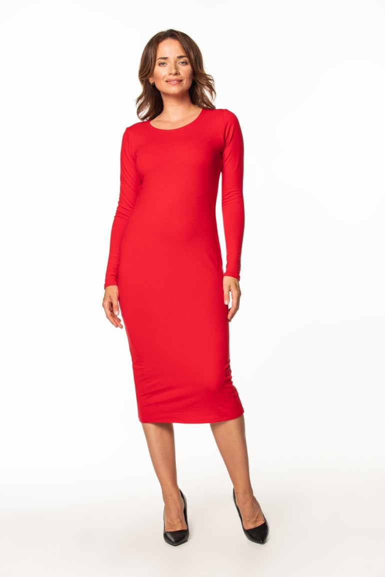 CM7410 Dopasowana sukienka z długim rękawem - czerwona
